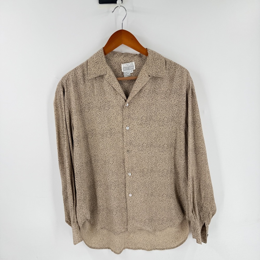 Vintage 100% Silk Button Down Shirt Brown 10 Long Sleeve Blouse Neutral